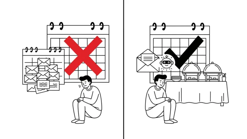 Illustration for "AI for Restaurant Private Dining & Catering: Never Miss a Booking" highlighting A corporate admin emails three restaurants about a 40-person holiday dinner. One...