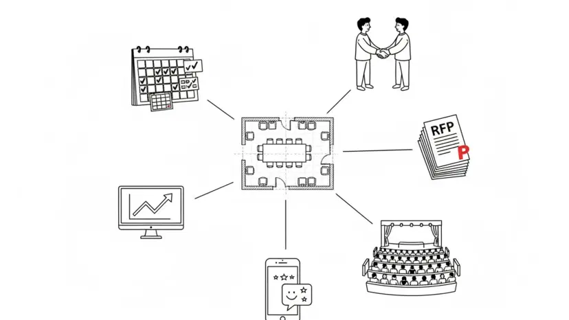 Illustration for "How Conference Centers Use AI to Fill More Rooms & Win RFPs" highlighting Your 15 meeting rooms can host 30+ events per week. Every empty room-hour is rev...