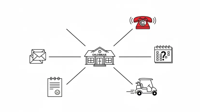 Illustration for "How Country Clubs Use AI to Win More Members & Book More Events" highlighting A prospective member calls during your annual member-guest tournament. Nobody pi...