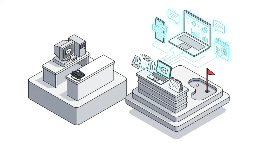 Illustration for "How Golf Clubs Use AI to Book More Tournaments & Corporate Outings" highlighting A corporate planner emails 6 golf clubs about a 72-player charity outing. Two re...