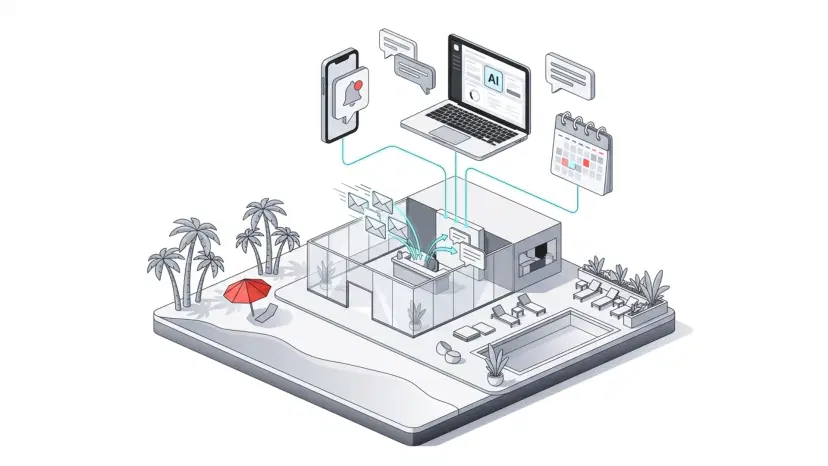 Illustration for "How Resorts Use AI to Book Destination Weddings & Corporate Retreats" highlighting A bride in Chicago emails 5 resorts about a 120-guest destination wedding. Two r...